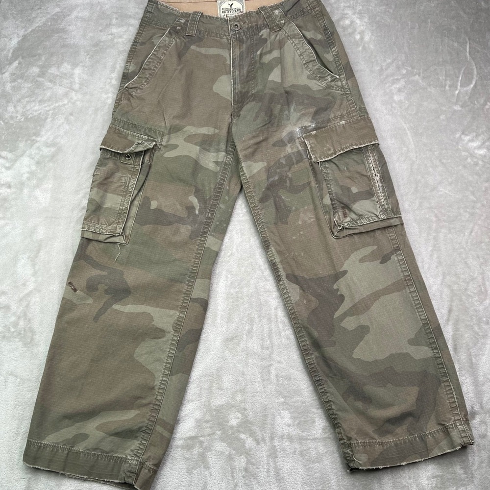 VTG American Eagle AE3 Cargo Pants Men 29x30 Fit 28x28 Camo Ripstop Distressed‎
